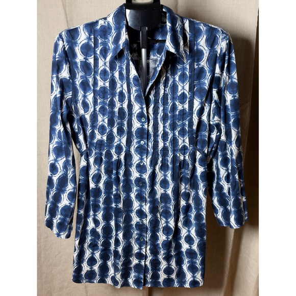 Lafayette 148 New York Tops - Lafayette 148 New York Belted Tunic Blouse Women's 16 Blue White Shibori Print
